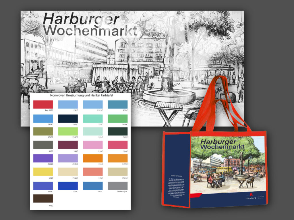 Kuenstlerskizze des Marktplatzes, Farbtafel fuer Umsaeumung und Henkel sowie die fertige Markttasche